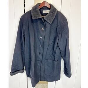 Forecastor of Boston Black 100% Wool Coat Jacket w/ Fleece Collar & Cuff Size 14